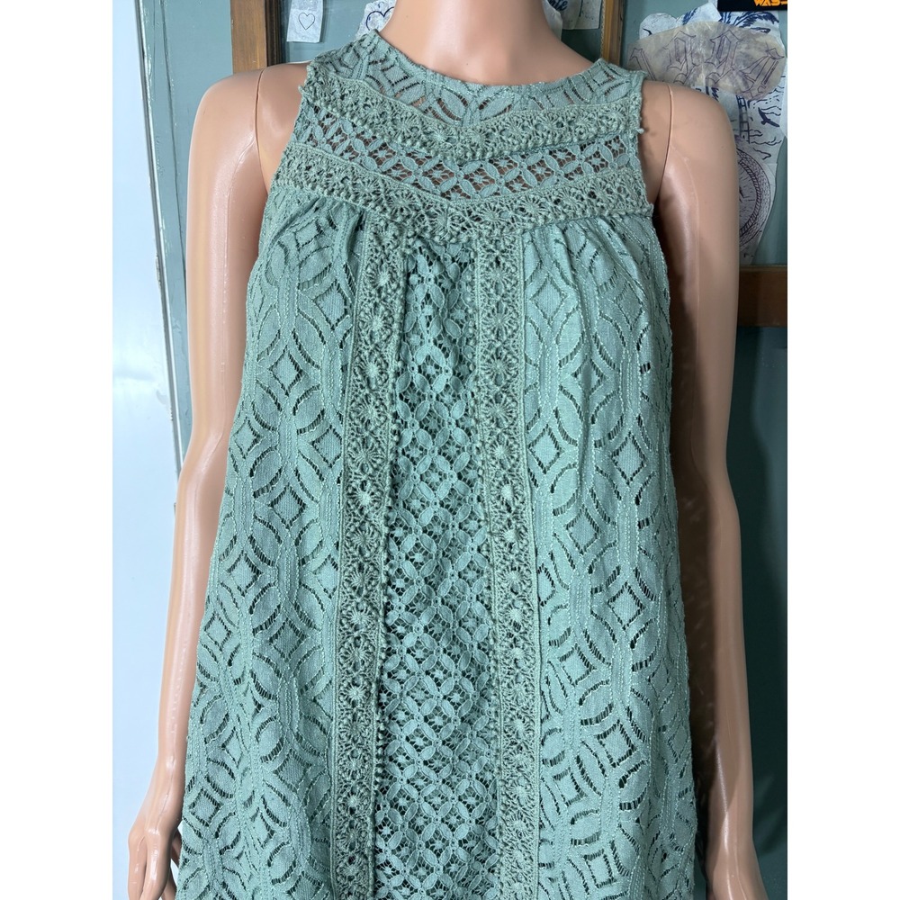 Jolt Sage Green Lace Sleeveless Shift Dress Shimmer Crochet High Neck Small - Picture 2 of 6